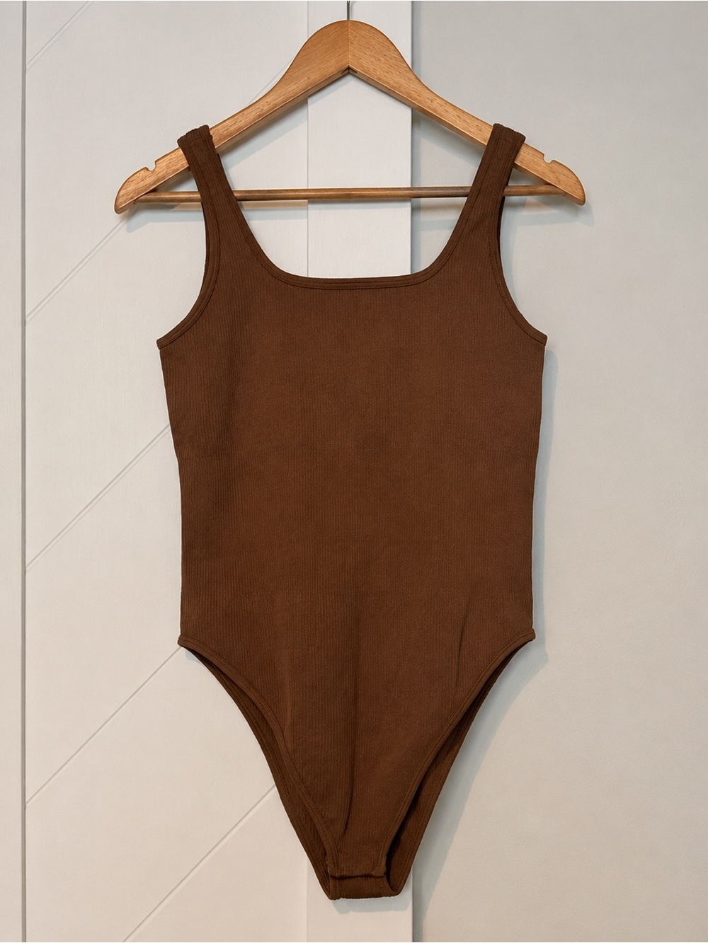 OQQ Ribbed Square Neck Bodysuit Brown XL Sleeveless Stretch One Piece